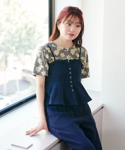 セール】【セットアップ対応/無地&ドット】デニムライクペプラムキャミ