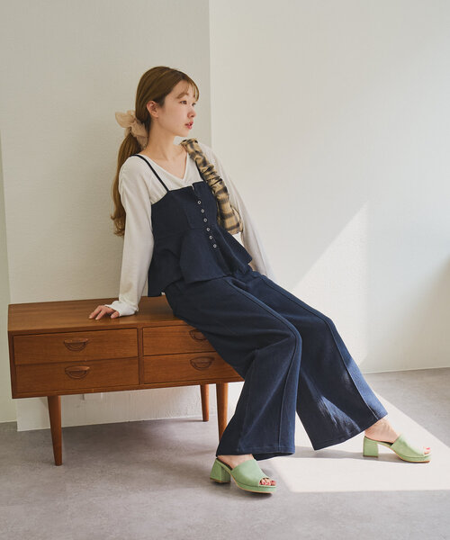 セール】【セットアップ対応/無地&ドット】デニムライクペプラムキャミ