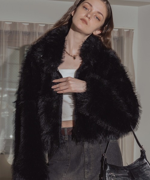 セール】フェイクファーショート丈ダブルジップジャケット（ブルゾン