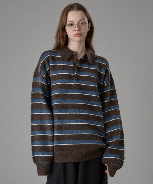 ONCILY マルチボーダーソフトタッチニットポロ ベージュ Lサイズ MULTI