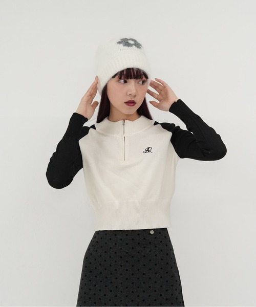 cunii 】ハーフジップ クロップド ニット トップス 長袖 配色 ラグラン