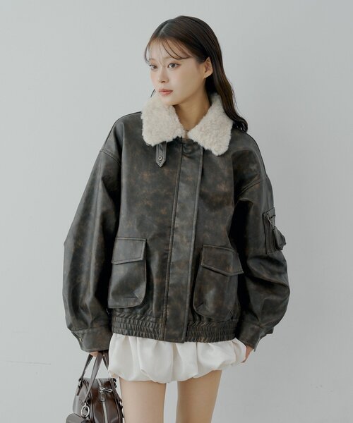 セール】ミリタリーレザージャケット/ファー取外し可能（その他