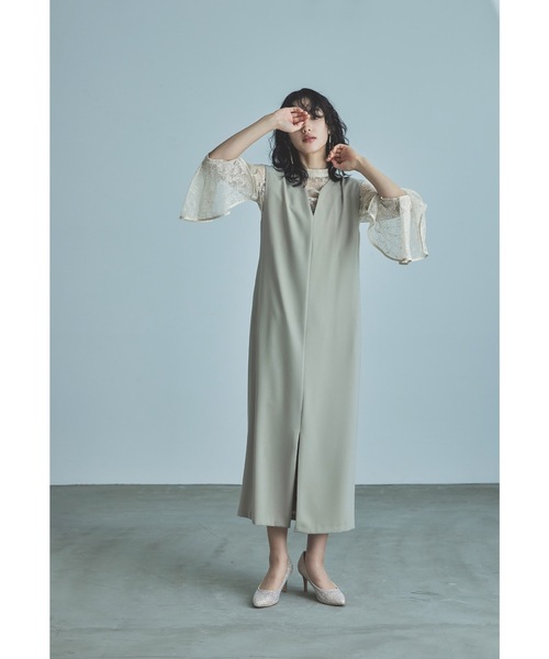 ベルスリーブスリットドレス パーティードレス 結婚式 同窓会 お呼ばれ