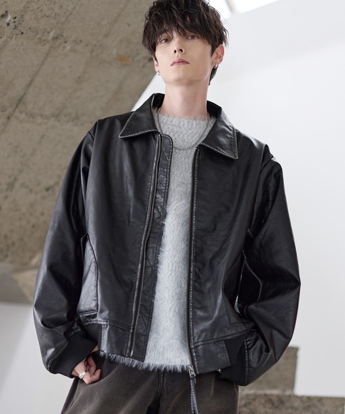 セール】中綿入り ヴィンテージPU合皮ショート丈ブルゾン（ブルゾン