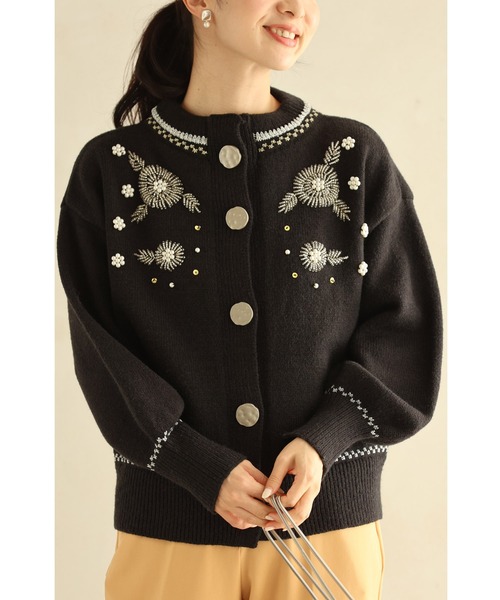 黒）ビーズとビジューで描く花のニットカーディガン（カーディガン