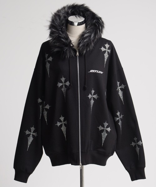 REFLEM/レフレム』ファー付きクロス総柄ラインストーンZIPパーカー