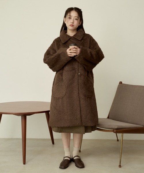 moi tytto 取り外しリボン付き シャギーミディ丈コート 取り外しリボン