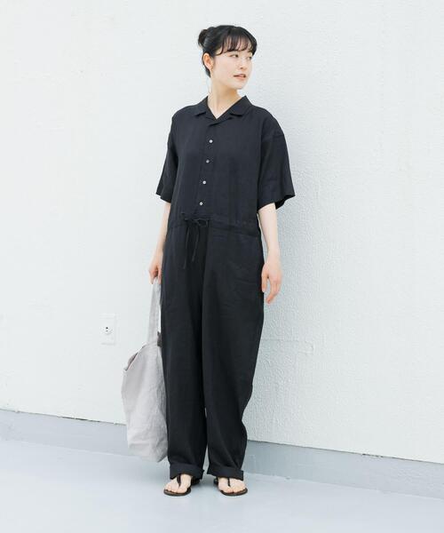 かぐれバンドカラーリネンハーフスリーブオールインワン黒