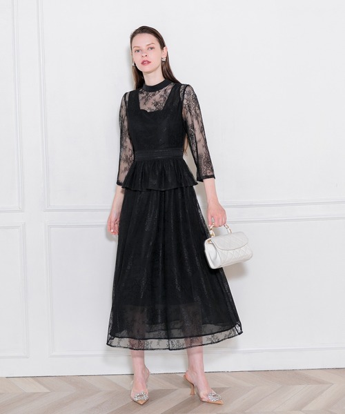 Leja（レジャ）の「【LEJA】ビスチェ風レース花柄透けフレア美脚効果