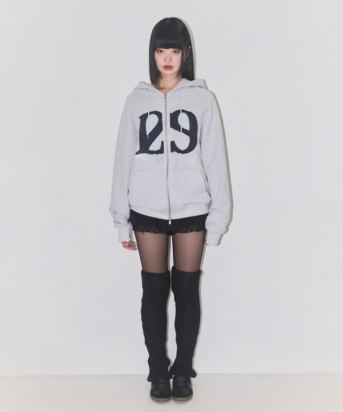 129 ロゴパッチ フードパーカー ジップアップ ホワイトメランジ