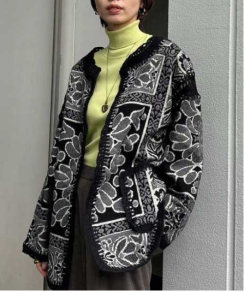 Ameri（アメリ）の「RUG PATTERN KNIT JACKET（ノーカラージャケット