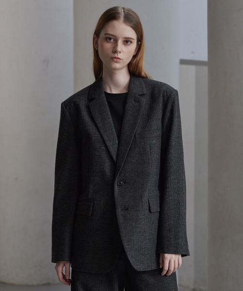 CLEL】Wool Blend Herringbone Tweed Tailored Jacket / ウール