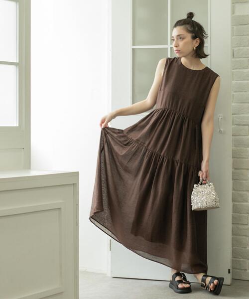 セール】麻混シアーギャザーティアードワンピース【洗濯機洗い可