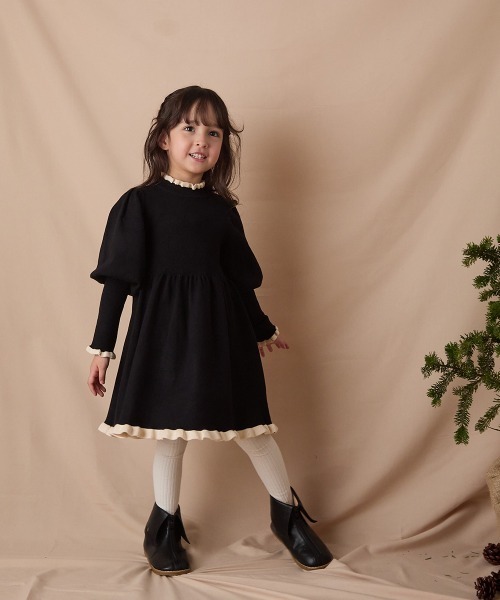 バイカラーフリルニットワンピース（ワンピース）｜riziere