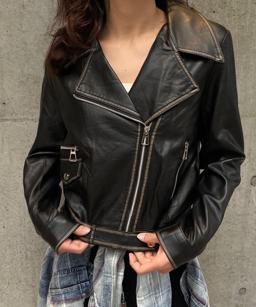 セール】ヴィンテージ加工合皮レザーライダースジャケット（ライダース