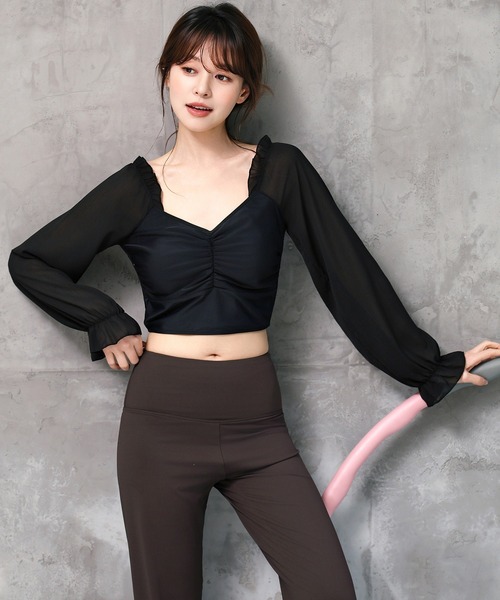 レディース 長袖きれいめフリルヨガウェアトップス+ハイウエスト