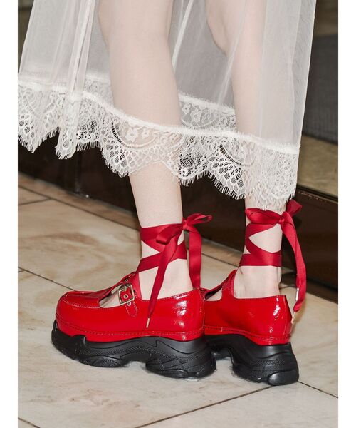 厚底メリージェーンスニーカーソールレースアップシューズ バレエコア