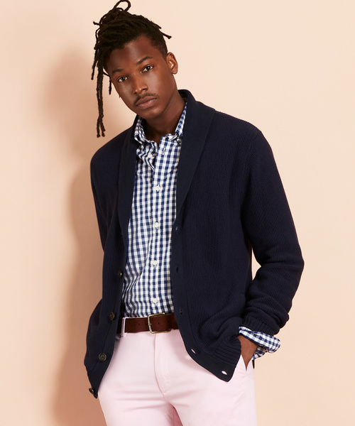 PANICALE ブルー ショールカラー カーディガン キャメル・コットン