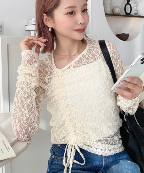 セール】アシンメトリードロスト袖くしゅくしゅ長袖ストレッチレース