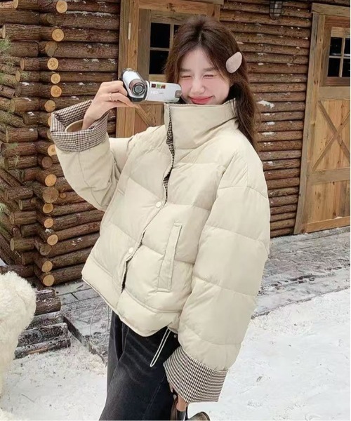 チェック切り替え中綿スタンドカラージャケット（ダウンジャケット