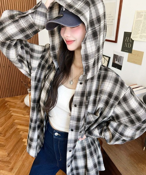 セール】フード付き長袖チェックシャツ（シャツ/ブラウス）｜moment+