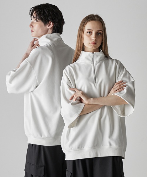CLEL】Half Zip Design Half Sleeve Pullover/ハーフジップ デザイン