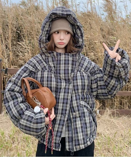 セール】チェック柄フード付き中綿ジャケット（ダウンジャケット