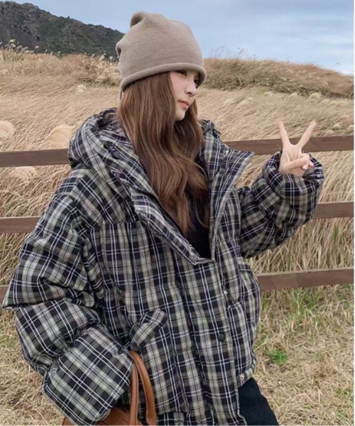 セール】チェック柄フード付き中綿ジャケット（ダウンジャケット