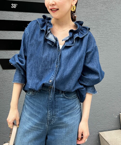 RM denim】フリルギャザーデニムブラウス（シャツ/ブラウス）｜Rie
