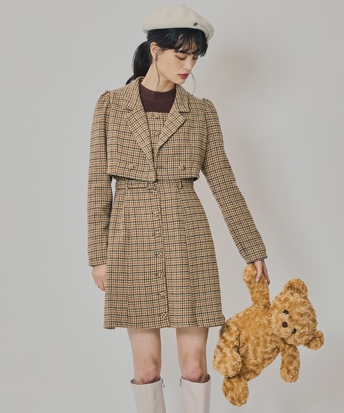 セール】ハウンドトゥースショートジャケット×ミニワンピース