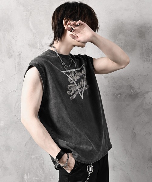 heavy cotton vintage like retro rock logo damage sleeve less T