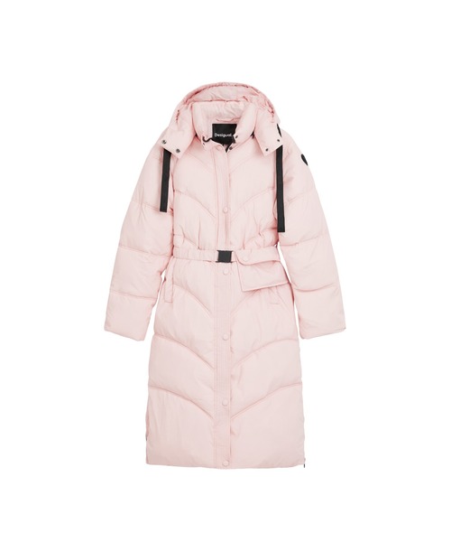 セール】ベルト付き ロング丈 中綿コート ガーリー ピンク（ダウン