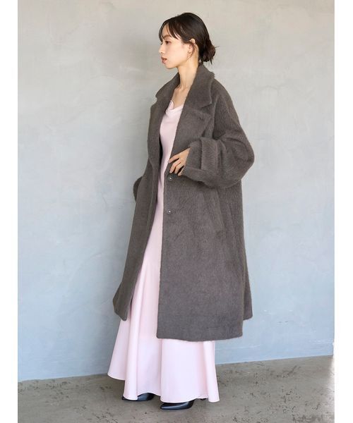 セール】ブローチ付きシャギーロングコート（チェスターコート