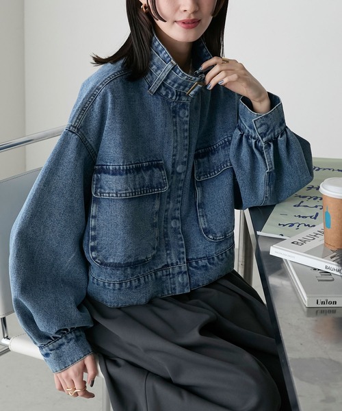 forksy.】ボリュームスリーブショート丈デニムブルゾン（デニム