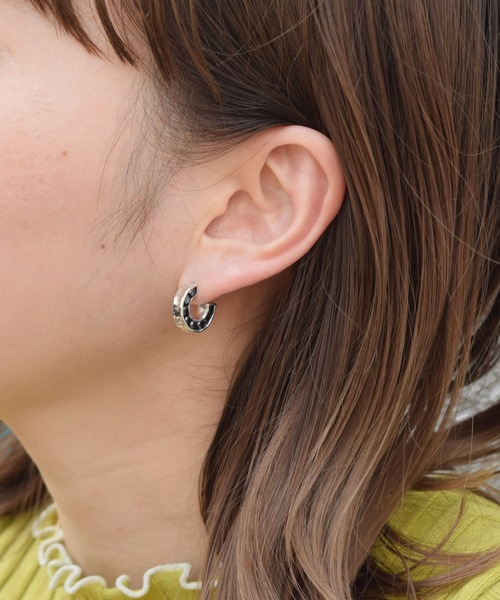 シルバー925ブラックジルコニア埋め込みフープアス/レディース/メンズ