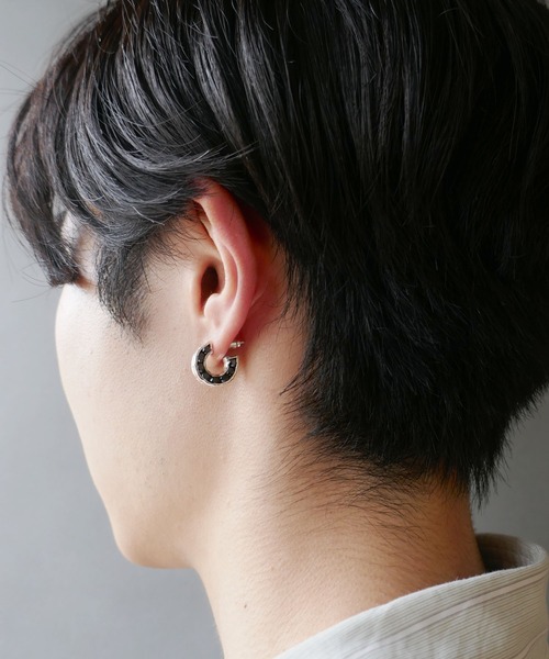シルバー925ブラックジルコニア埋め込みフープアス/レディース/メンズ