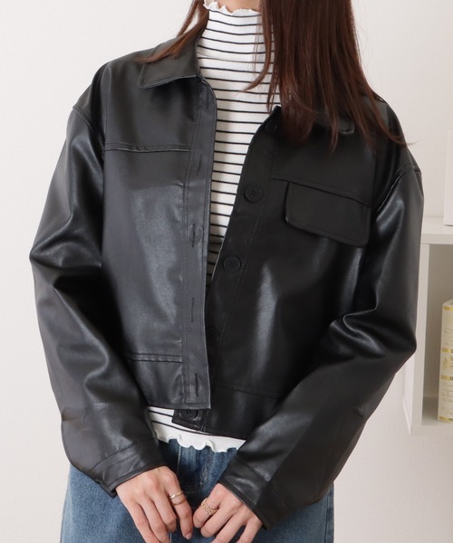 セール】ショート丈オーバーサイズフェイクレザージャケット（ブルゾン