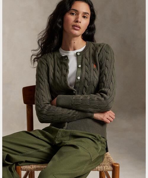 ケーブルニット コットン クルーネック カーディガン（カーディガン
