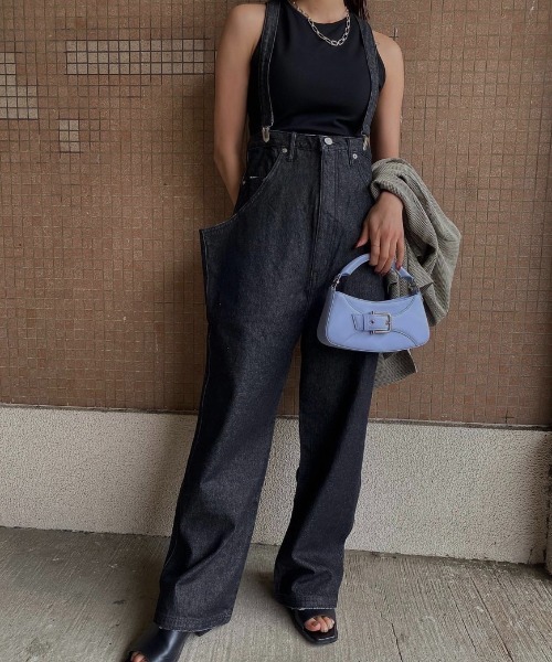 Ameri（アメリ）の「HIGH WAIST WIDE SUSPENDERS PANTS（デニムパンツ