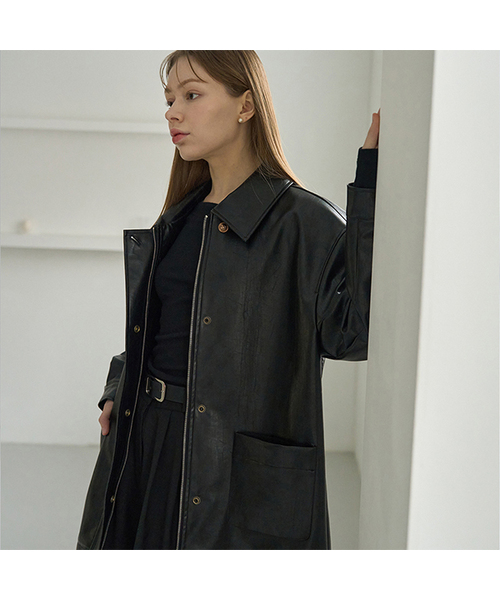 セール】オーバーサイズレザージャケット（ブラック）（ライダース