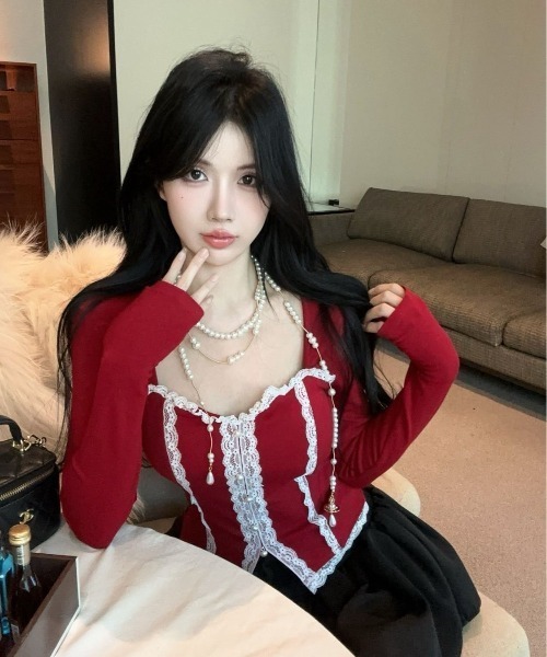 セール】フロントレースジップコルセット風トップス（2色展開）（T