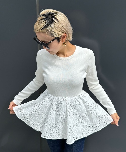セール】レースニットペプラムトップス（ニット/セーター）｜JENNE