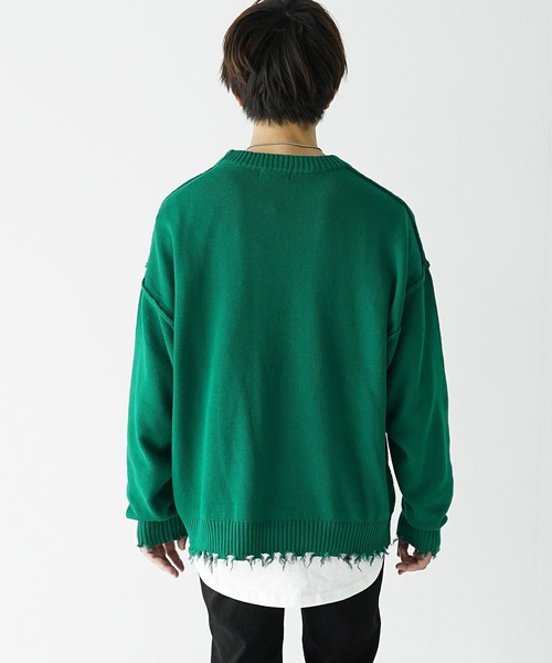 ニット オーバーサイズ ダメージ加工 ルーズシルエット クルーネック