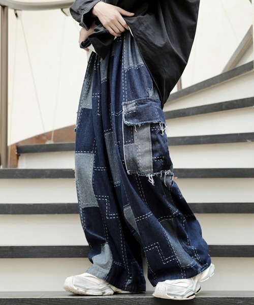 唯一無二 リメイク デニム パッチワーク ワイドパンツ フレア 極太