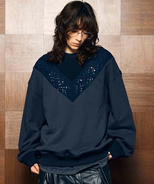 UNISEX》Lace Knit V-Switching Combination Sweat Crew Neck Pullover