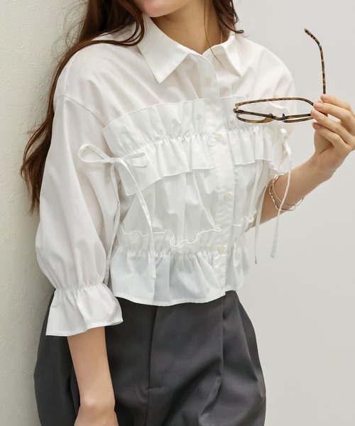 セール】フリル5分袖クロップドシャツ（シャツ/ブラウス）｜SpRay
