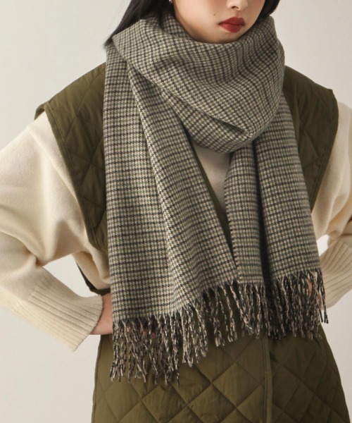 ガンクラブチェックフリンジマフラー/大判ストール（マフラー