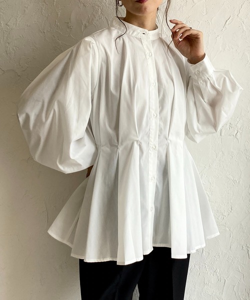 セール】スタンドカラーウエストタック長袖パフスリーブフレアペプラム