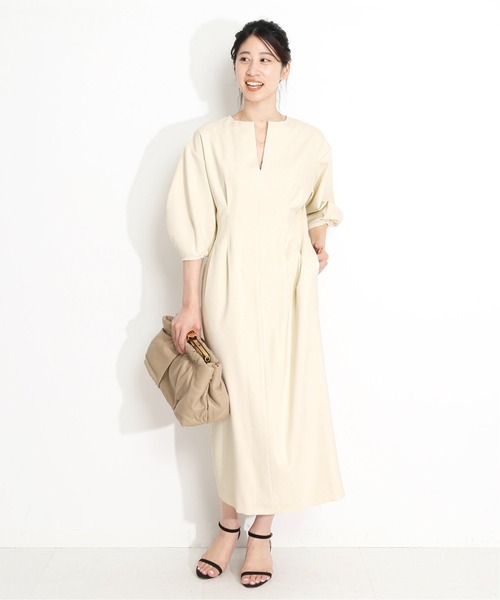 セール】P/Ryツイルウエストシェイプ パフスリーブワンピース