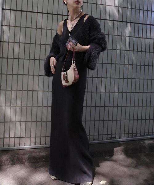 Ameri（アメリ）の「FEATHER CARDIGAN KNIT SET DRESS（ワンピース
